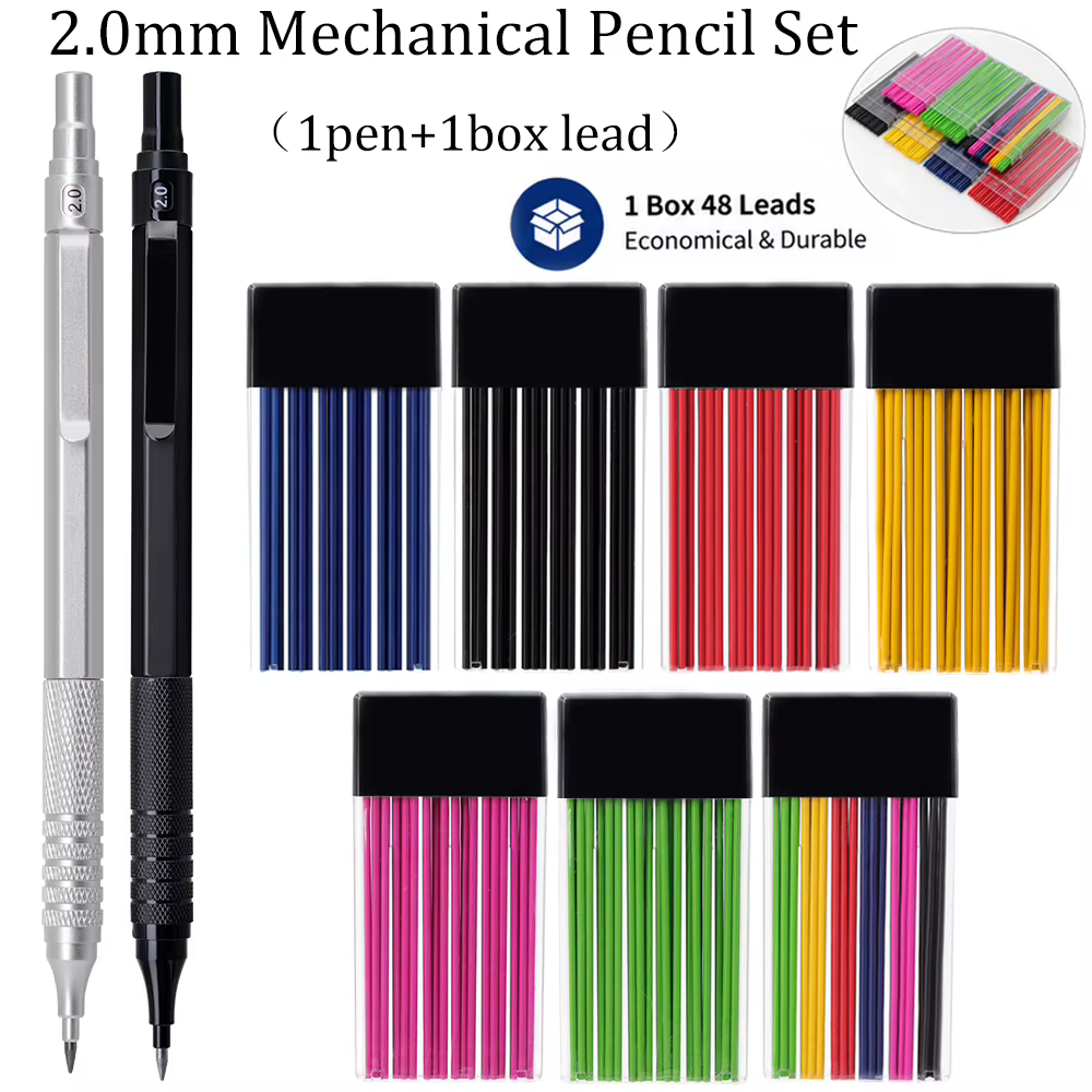 Ensemble de crayons mécaniques professionnels de 2.0mm avec 1 boîte de mines, crayon automatique pour croquis, peinture, fournitures de papeterie pour le bureau