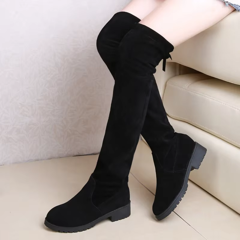 Cuissardes élastiques au genou pour femmes, faux daim, talons pour femmes, tube à lacets, bottes noires, automne, hiver, 2025