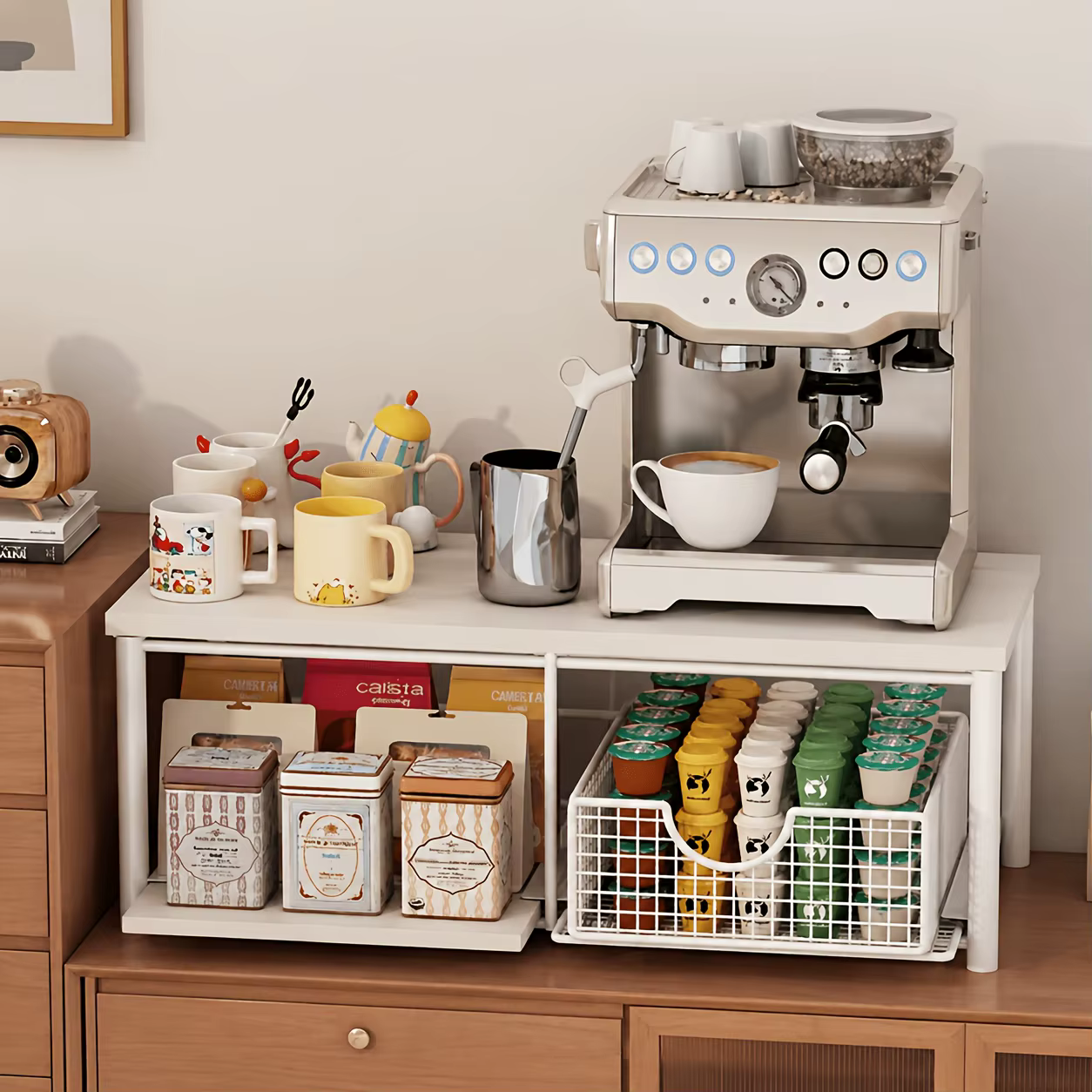 Étagère de rangement à double niveau pour plan de travail de cuisine ; Support en bois pour micro-ondes et machine à café avec tiroirs coulissants ; Rangement gain de place