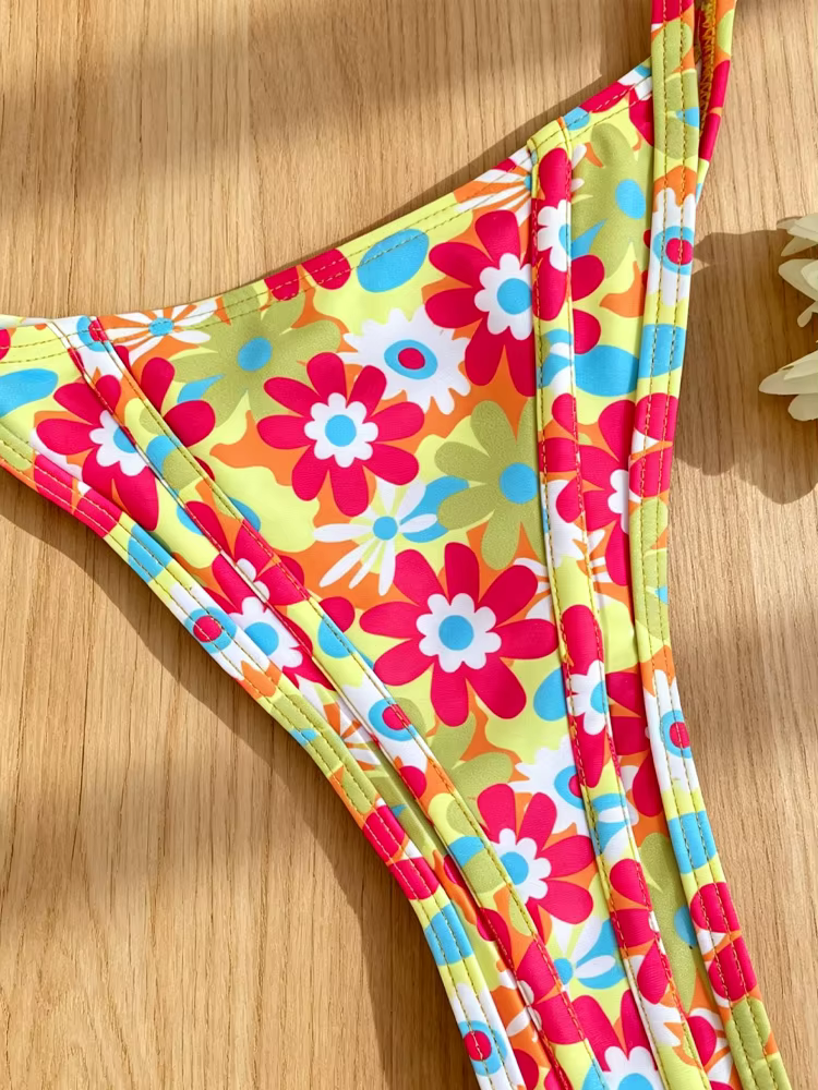 Rinabe Maillot de bain bikini à imprimé floral, dos nu, coupe haute, deux pièces, tenue de plage