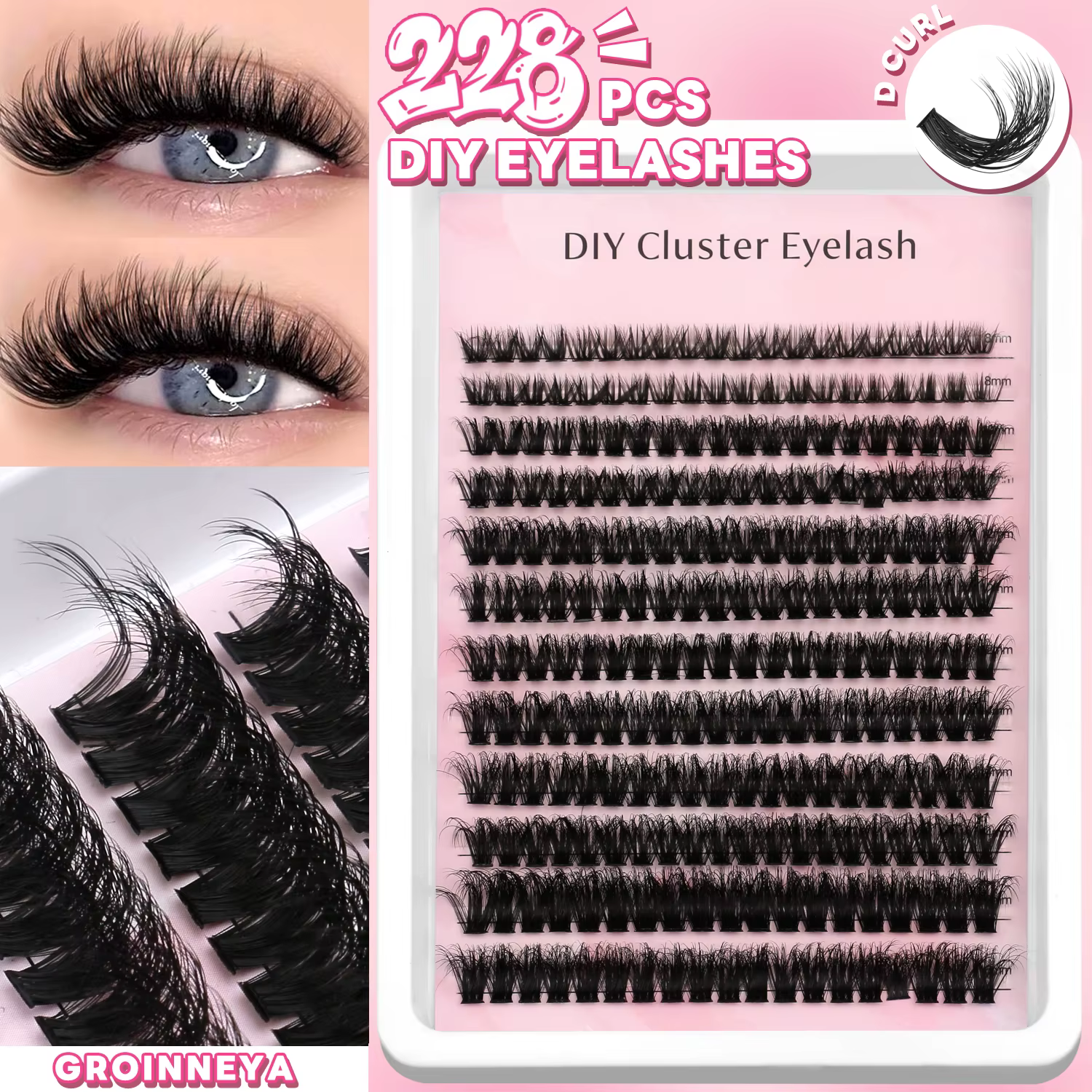 GROINNEYA Extensions de Cils Volume Naturel Effet Clusters Lashes Doux et Fluffy Cils Individuels DIY Auto Pose Sans Salon Clusters de Cils Wispy Cat Eye Réutilisables Femme Tendance