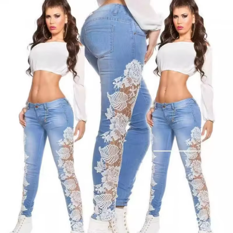 Pantalon crayon jean femme Sexy évider Denim pantalon trou poches taille moyenne lavé bouton dentelle épissé maman dame léger Strech
