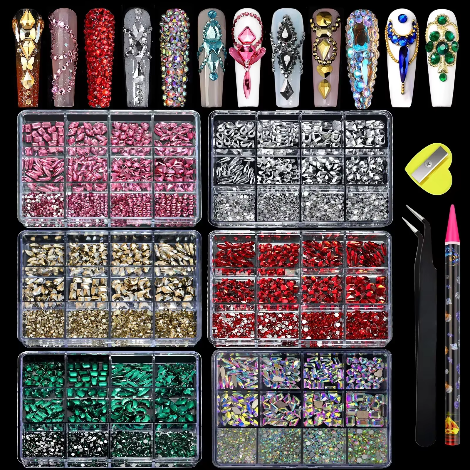 Strass à fond plat pour ongles, 12 grilles, verre de forme mixte, cristal, Kit de breloques de Luxe, accessoires de décoration d'ongles à faire soi-même