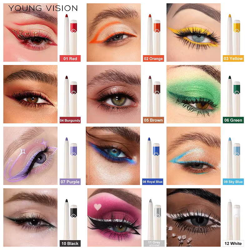 Crayon Eyeliner Rétractable 12 Couleurs Scintillant Anti-Bavure 2-en-1 Stylo Maquillage Multi-Fard à Paupières Haute Pigmentation Néon