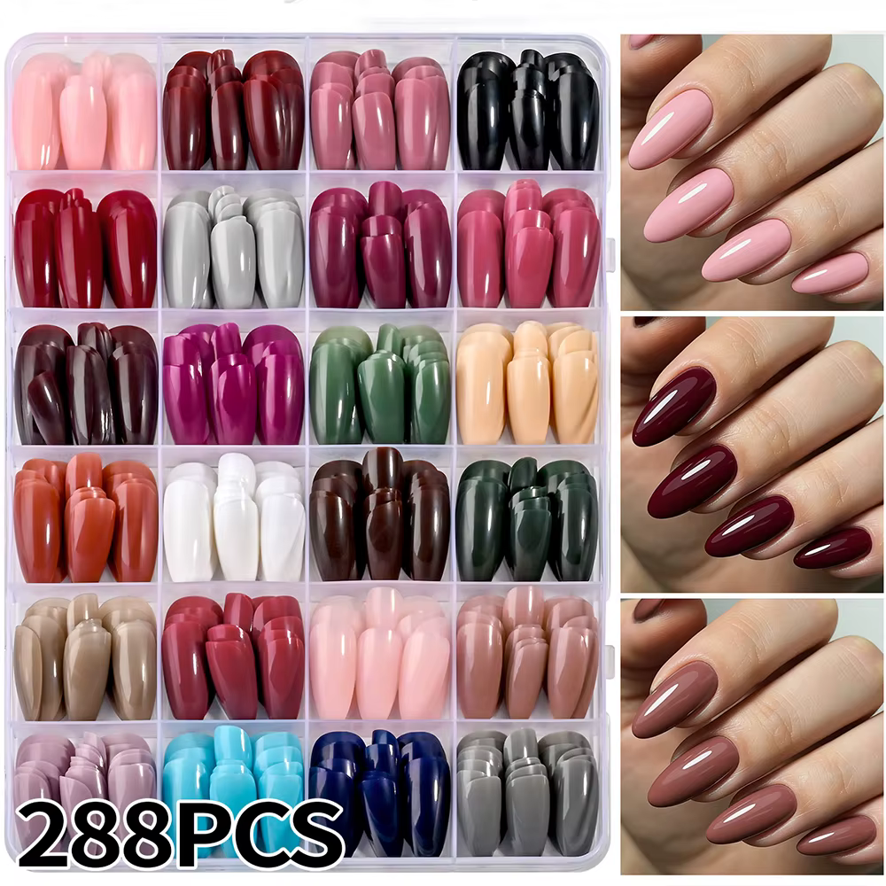 288 pièces/boîte couleur unie amande faux ongles moyen coloré Simple presse sur ongles mixte couverture complète amande faux ongles conseils pour les femmes