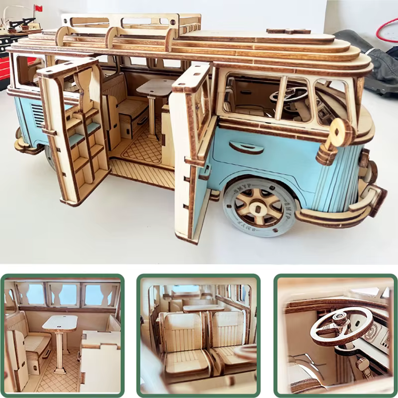 Bus rétro style européen camping-car 3D voiture en bois Puzzle bricolage bateau à voile avion construction maison modèle Puzzle jouets pour enfants