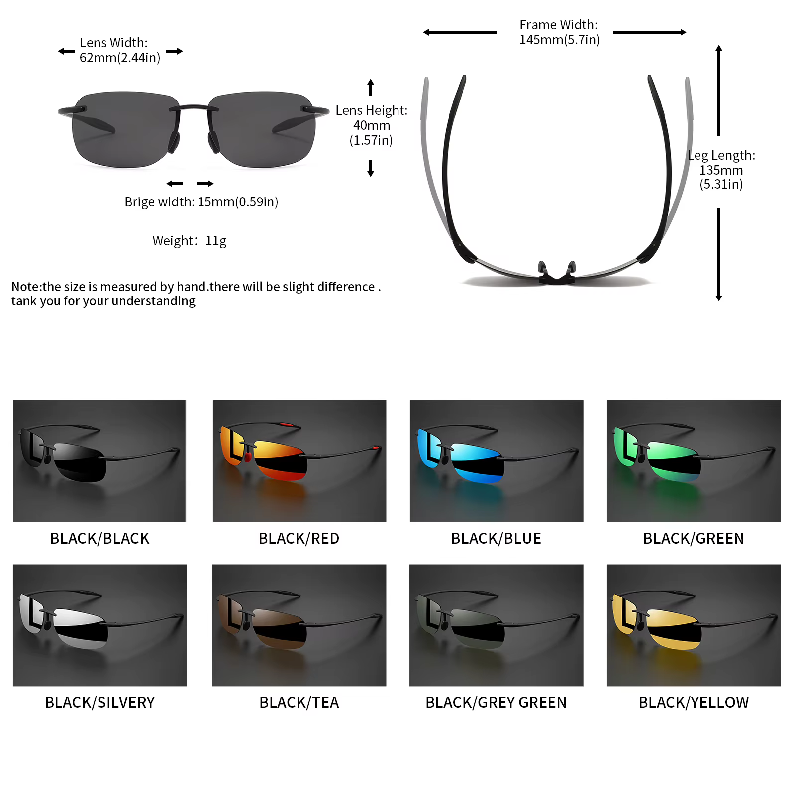Lunettes de soleil polarisées sans cadre TR90 ultra légères 11 g – Coupe flexible et confortable, forme carrée pour la conduite, la pêche et l'extérieur