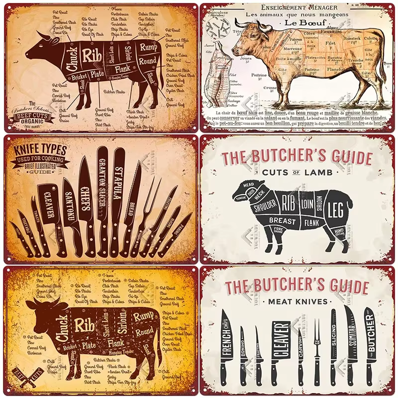 Panneaux métalliques Vintage The Butcher's Guide, affiche de cuisine coupes de bœuf, porc, canard, poisson, décoration murale de magasin, signe en étain, 20x30cm