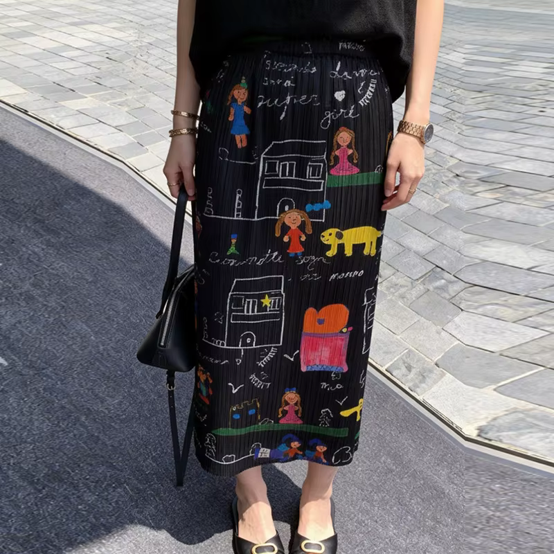 Jupe plissée style Miyake, design de niche, taille haute, imprimé dessin animé, amincissante, pour femme, été