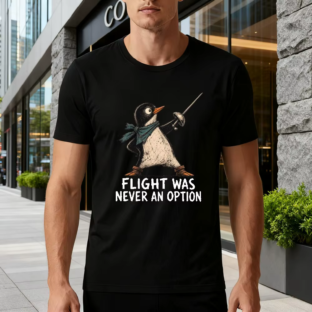 T-shirt drôle à motif pingouin pour hommes et femmes, humoristique et sarcastique, à manches courtes et col rond, « Le vol n'a jamais été une option »