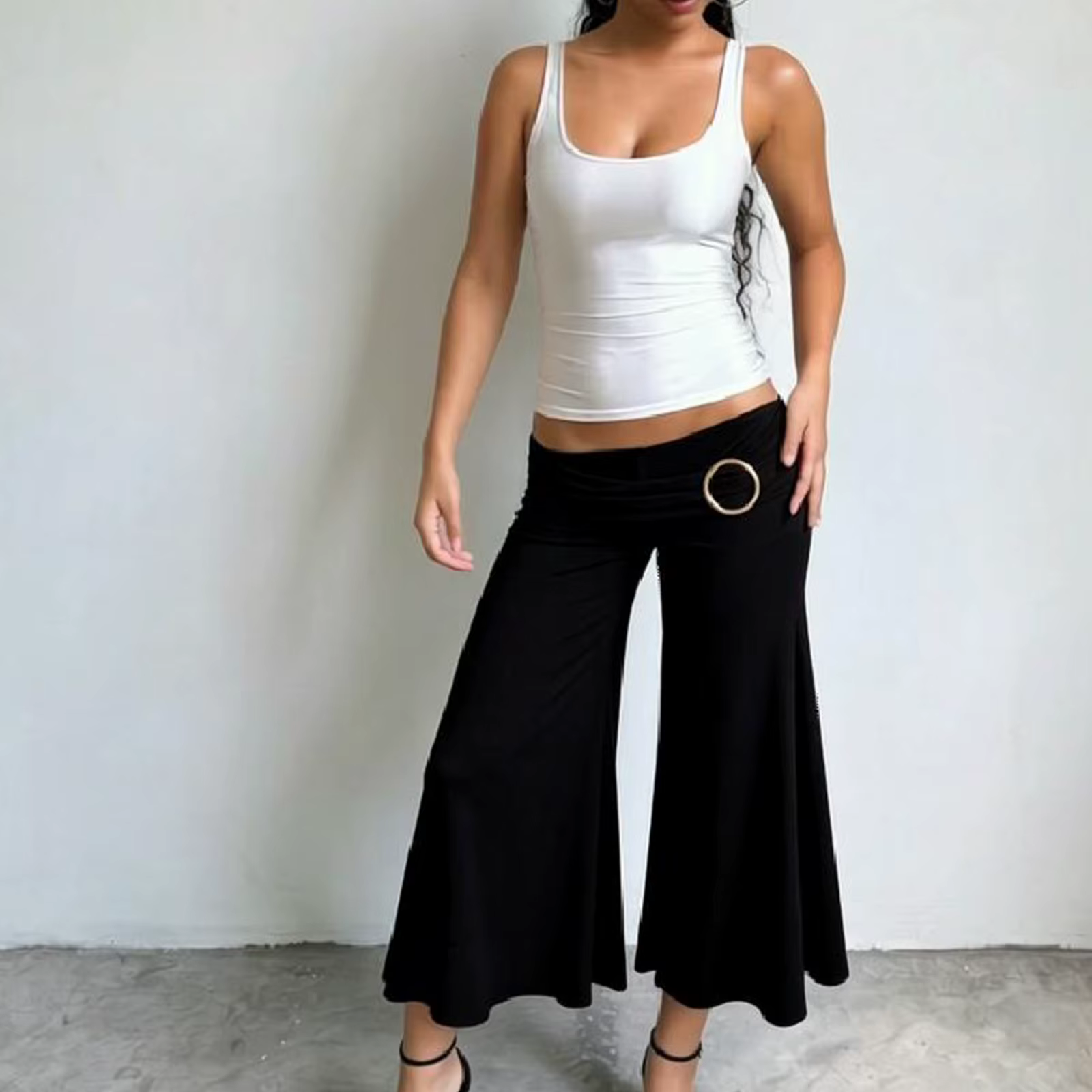 Pantalon taille basse évasé sept pouces pour femme, style simple, boucle métallique, plissé, couleur unie, nouvelle collection été, confortable