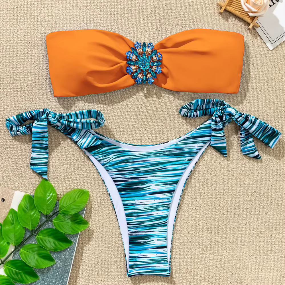 Maillot de bain femme 2026, mini bikini 2 pièces sexy, sans bretelles, dos nu, avec accessoires floraux en strass, pour la plage d'été
