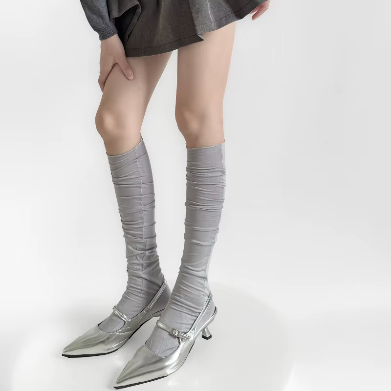 Bas fins en coton pour femmes, couleur unie, noir, blanc, gris, bas de cuisse hauts, Style japonais, chaussettes hautes pour femmes