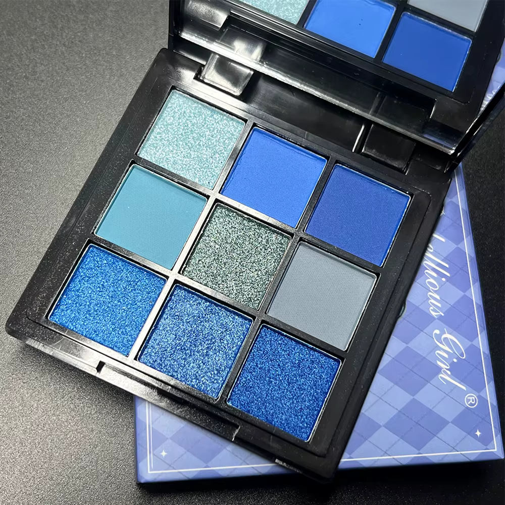 Palette de fards à paupières luxueuse bleue 9 couleurs - Effet mat velouté et scintillant, maquillage pour les yeux fumés durable, imperméable et longue tenue