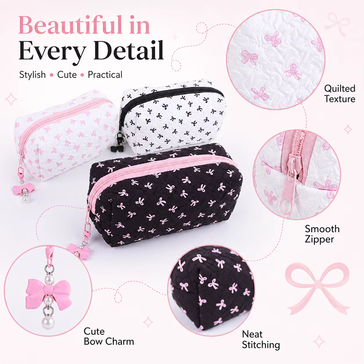 Trousse à crayons matelassée à motif nœud mignon, sac de rangement portable grande capacité pour fournitures scolaires avec breloque perle, fournitures de rentrée scolaire
