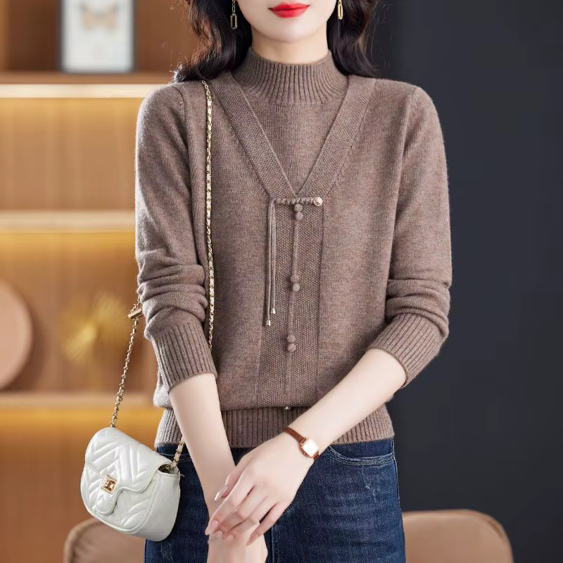 Pull tricoté à col mi-haut pour femme, ample et chaud, pour personnes âgées d'âge moyen, collection automne-hiver 2026