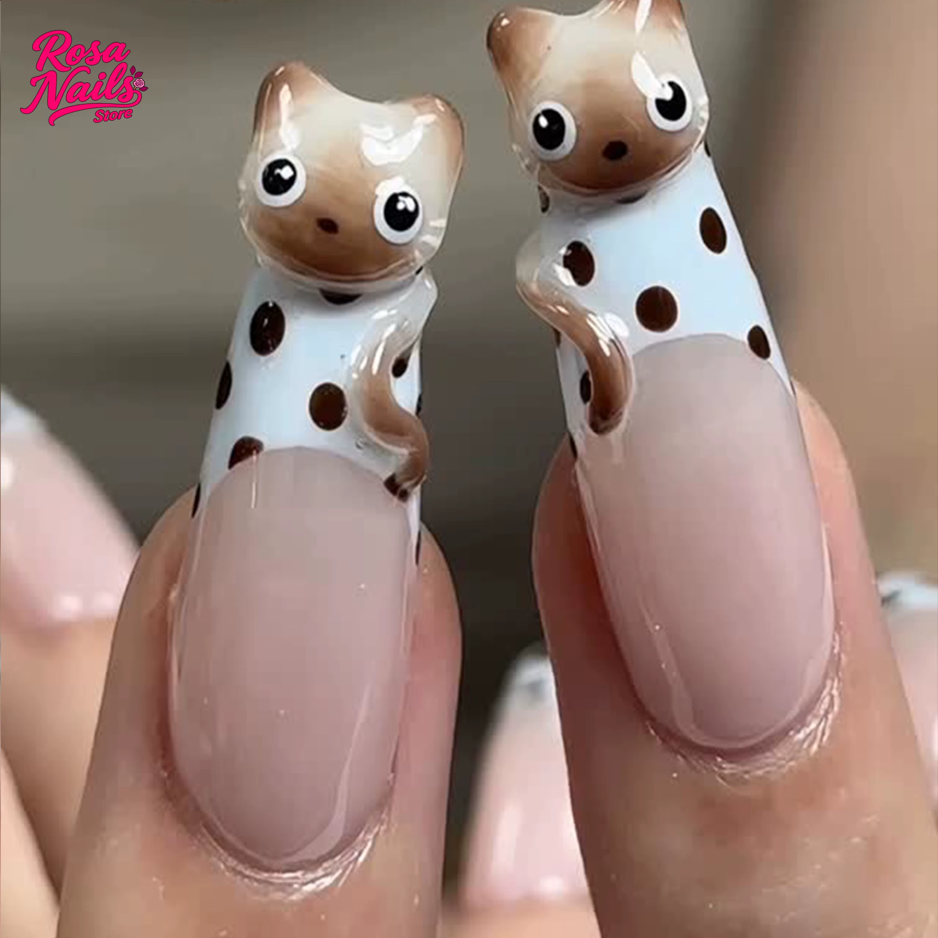 Faux ongles chat siamois 3D, inspirés des animaux de compagnie, à pression, chatons faits à la main, Nail Art sculpté à la main, longs cercueil, à pois, mignons
