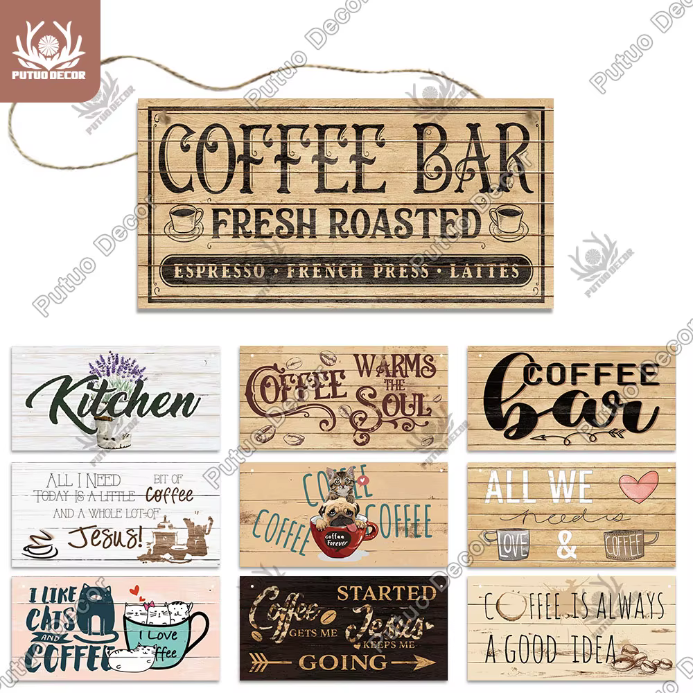Putuo décor café signes en bois Plaque plaque en bois rustique suspendu pour café Bar cuisine maison arrière-cour mur Art décoration cadeau