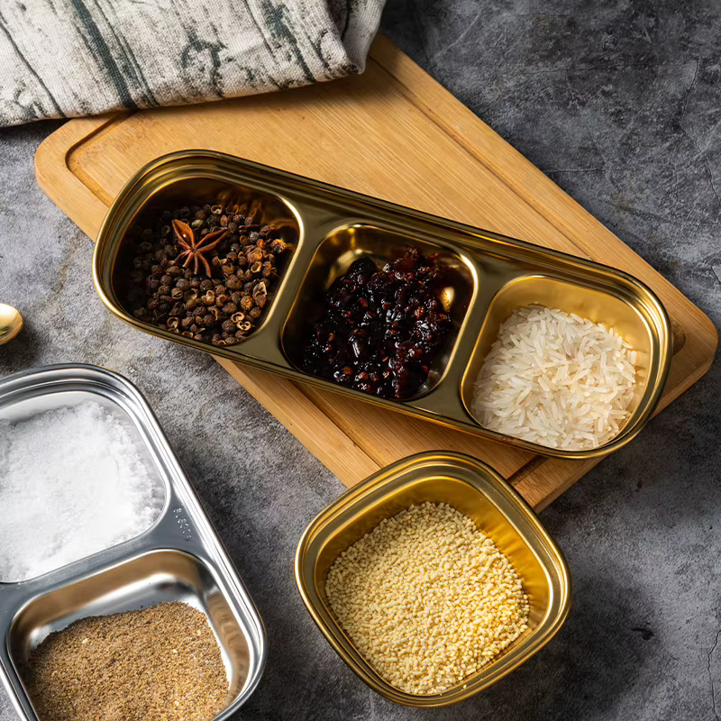Bols à tremper divisés en acier inoxydable, assiette à Sauce, plateau à condiments pour BBQ, vinaigre, épices, Ketchup, sel, sucre, saveur