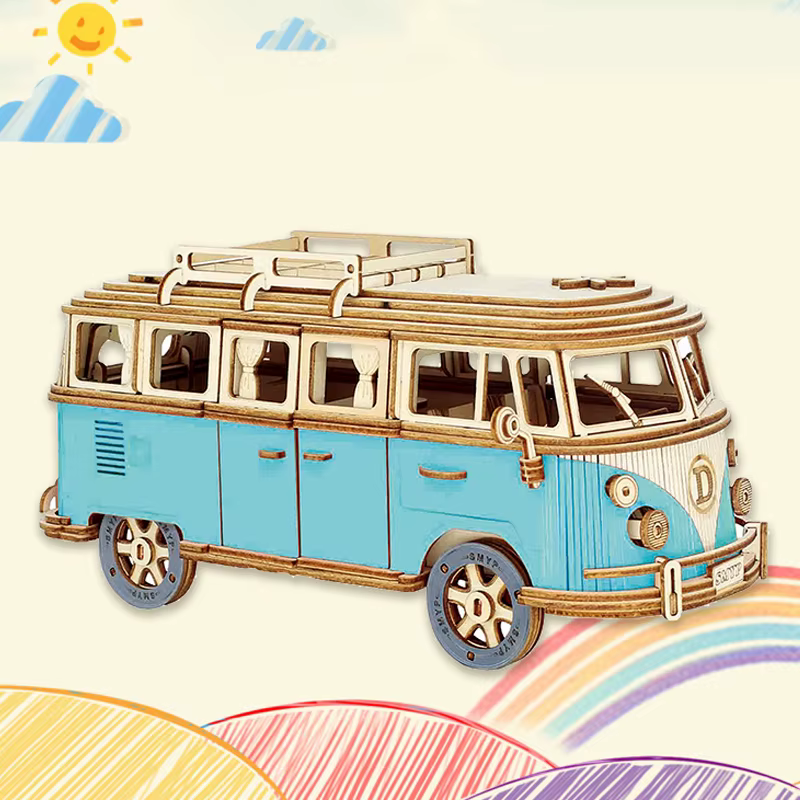 Bus rétro style européen camping-car 3D voiture en bois Puzzle bricolage bateau à voile avion construction maison modèle Puzzle jouets pour enfants