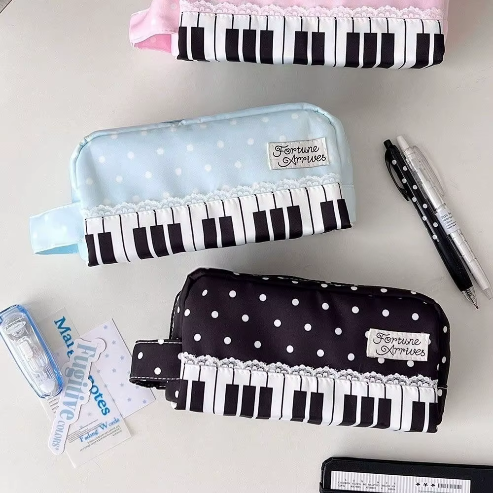 Étui à crayons Kawaii imprimé à pois avec poignée, sac à stylos de grande capacité, pochette de papeterie, fournitures scolaires