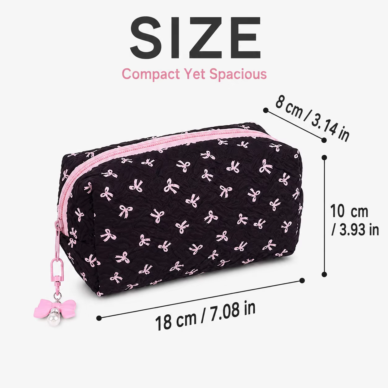 Trousse à crayons matelassée à motif nœud mignon, sac de rangement portable grande capacité pour fournitures scolaires avec breloque perle, fournitures de rentrée scolaire