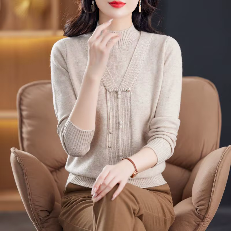Pull tricoté à col mi-haut pour femme, ample et chaud, pour personnes âgées d'âge moyen, collection automne-hiver 2026
