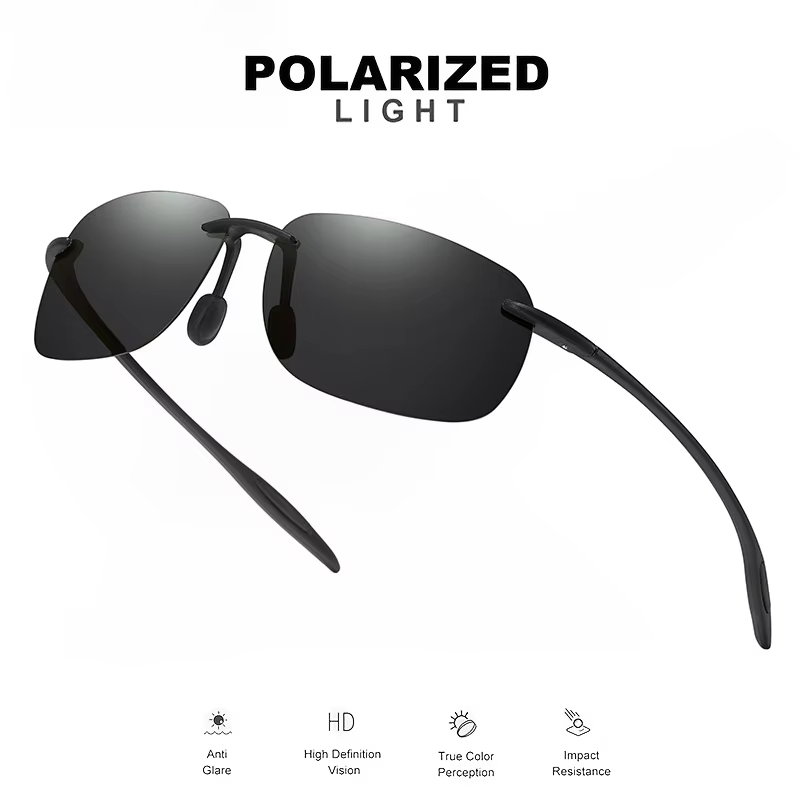 Lunettes de soleil polarisées sans cadre TR90 ultra légères 11 g – Coupe flexible et confortable, forme carrée pour la conduite, la pêche et l'extérieur