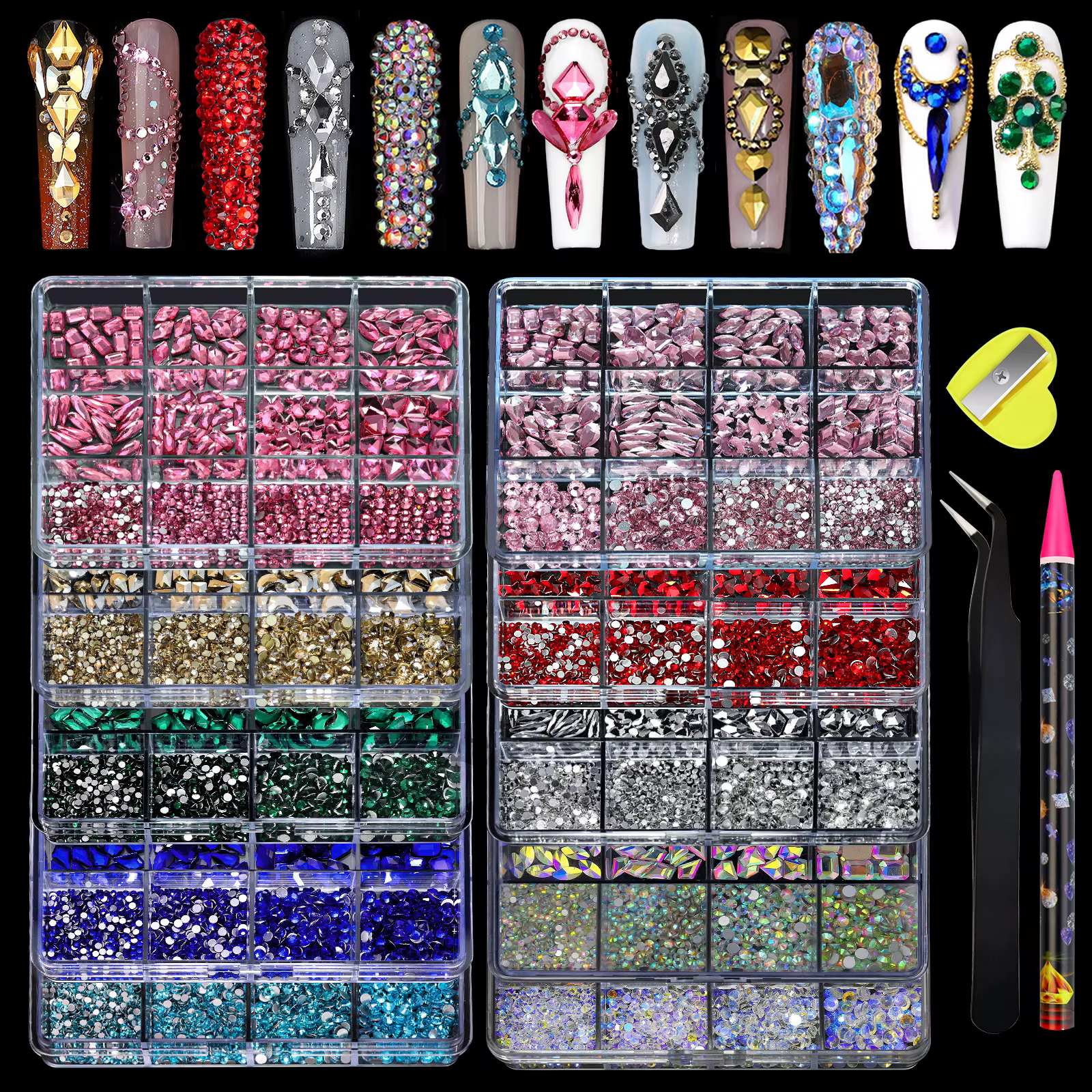 Strass à fond plat pour ongles, 12 grilles, verre de forme mixte, cristal, Kit de breloques de Luxe, accessoires de décoration d'ongles à faire soi-même