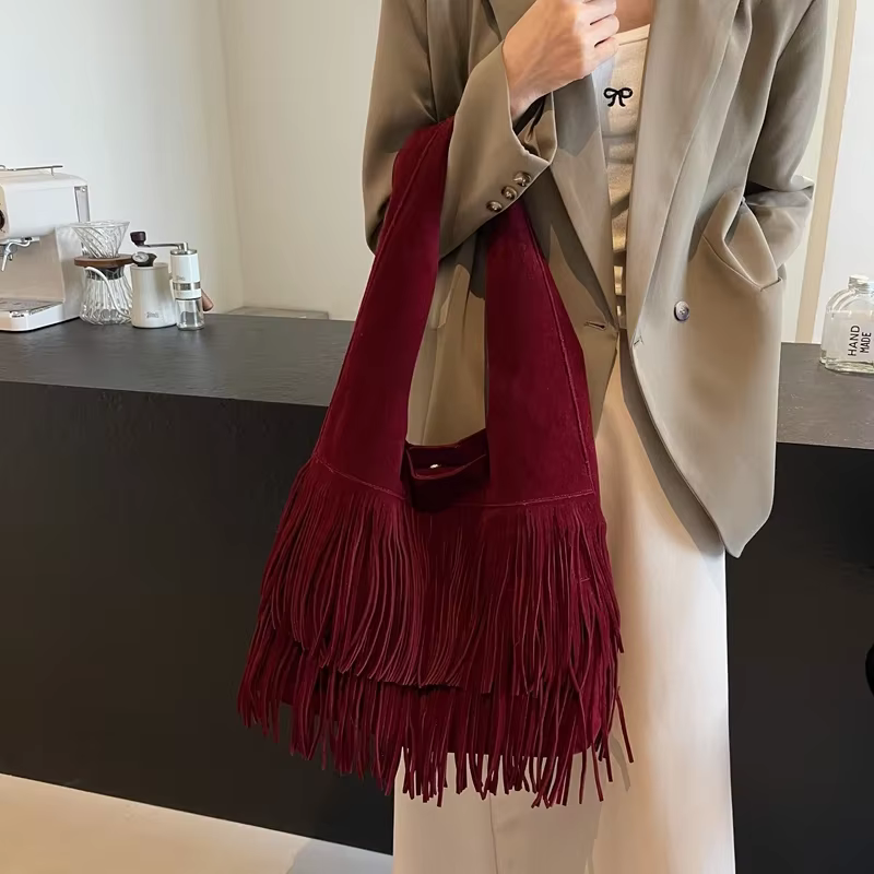 Sac à bandoulière en faux daim pour femme, sac fourre-tout de voyage à franges givrées, sac à main, pochette, sacs rétro, sac de banlieue vintage