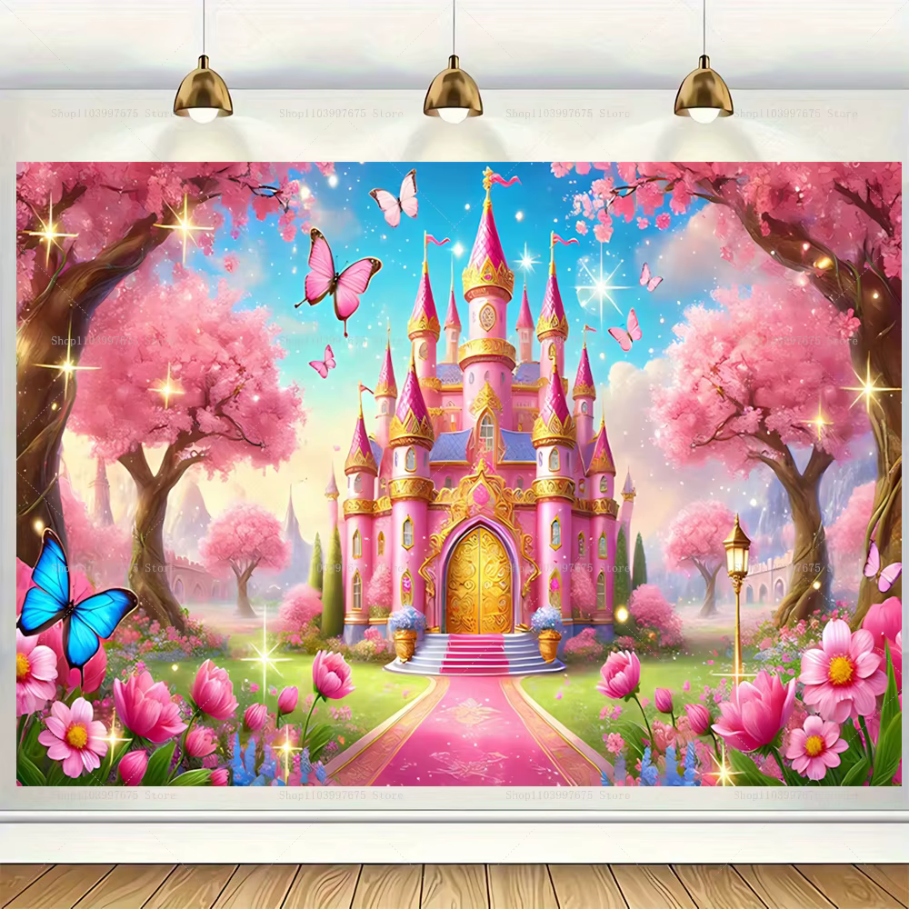 Arrière-plan de château de princesse rose 2D, décor de fête pour mariage, anniversaire, saint-valentin, arrière-plan de photographie, accessoires de stand de bannière
