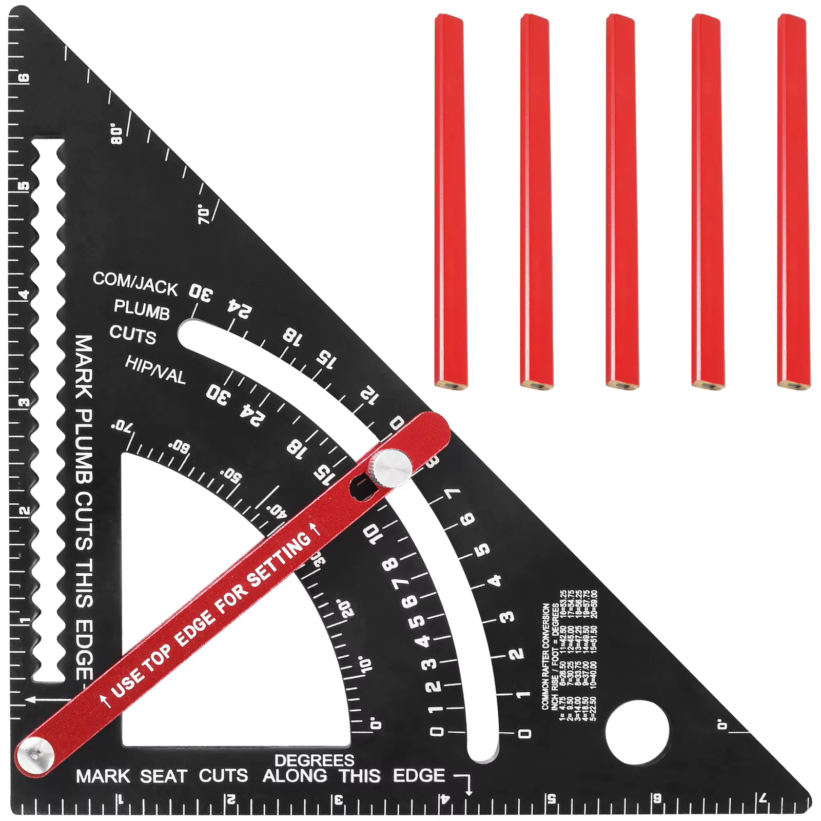 Règle triangulaire de menuiserie 7'' en alliage d'aluminium, équerre de charpentier réglable avec crayon pour la mesure, outil de menuiserie