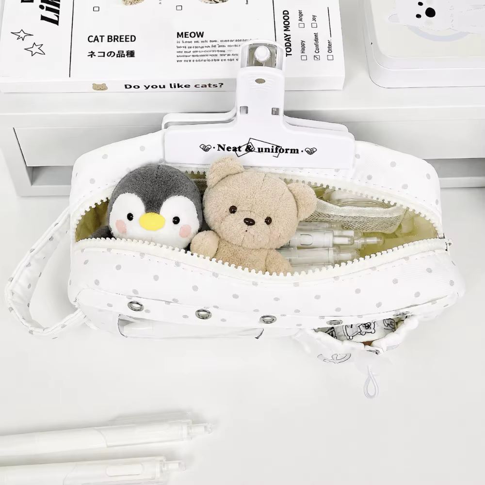 Trousse à crayons Kawaii à pois avec motif note de musique, multi-couches avec poignée, grande capacité, organiseur de papeterie pour étudiants