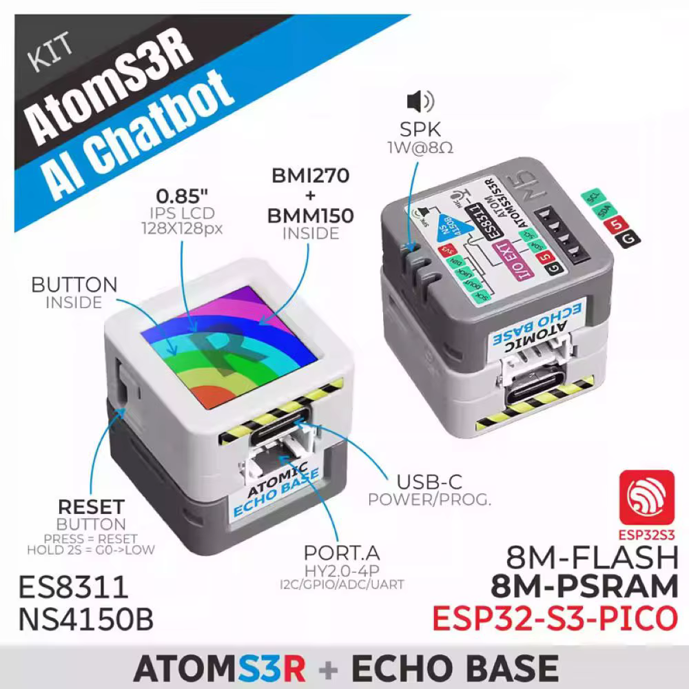 Kit de chatbot M5Stack Official Atoms3R Al avec base Atomic Echo, reconnaissance vocale, contrôleur programmable