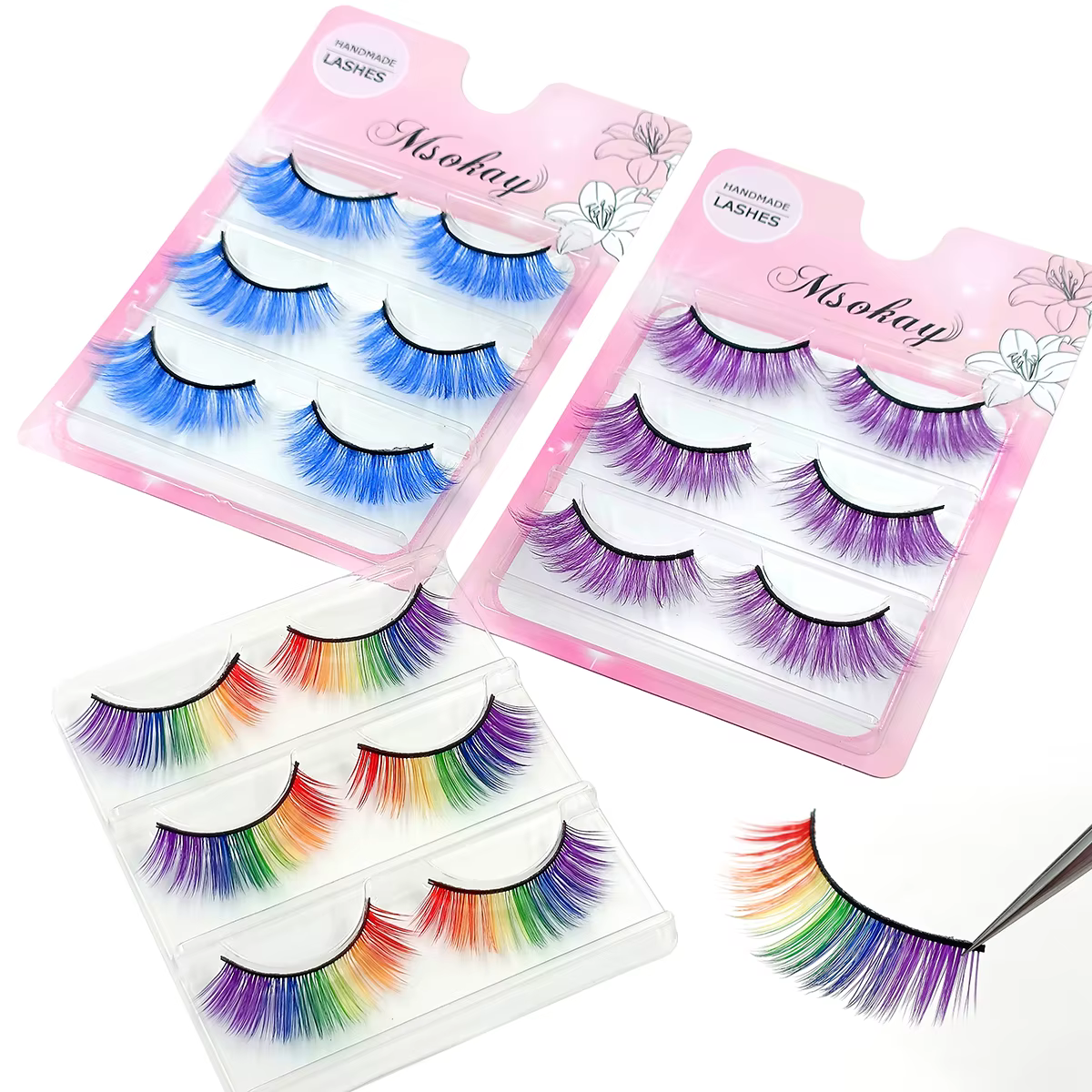 3 paires de faux cils arc-en-ciel