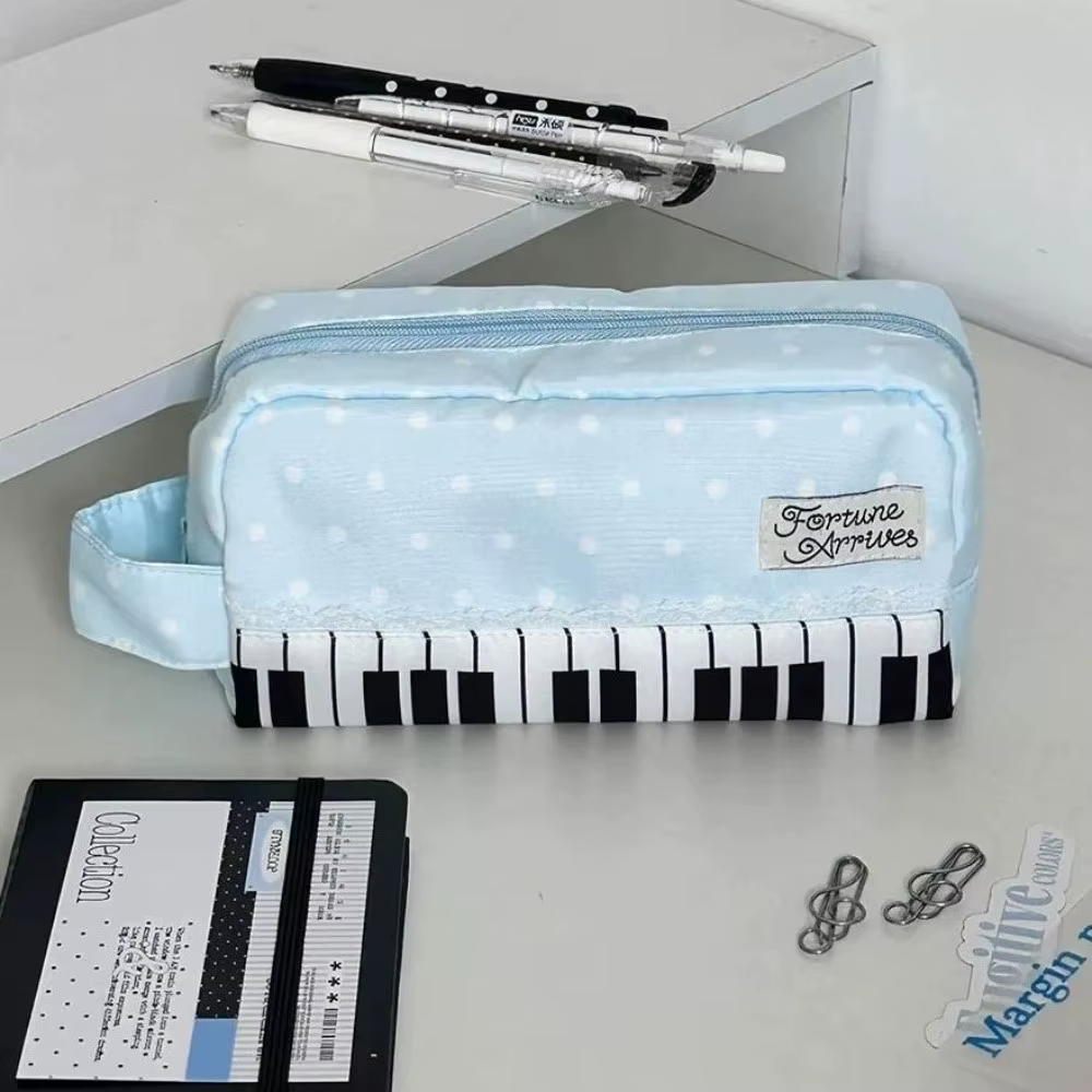 Trousse à crayons Kawaii à pois avec imprimé touches de piano, grande capacité, avec poignée, organiseur de papeterie pour étudiants