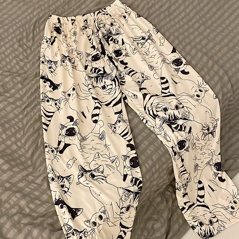 Pantalon de pyjama pour femme, motif chat de dessin animé Moe Big Battle, pantalon décontracté ample pour étudiante, pantalon de nuit pour femme