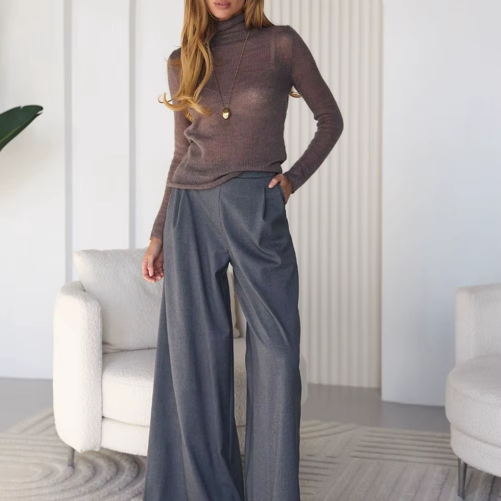 Pull chic en maille ajouré à col roulé, style basique, décontracté, doux et ample, pour le printemps et l'automne