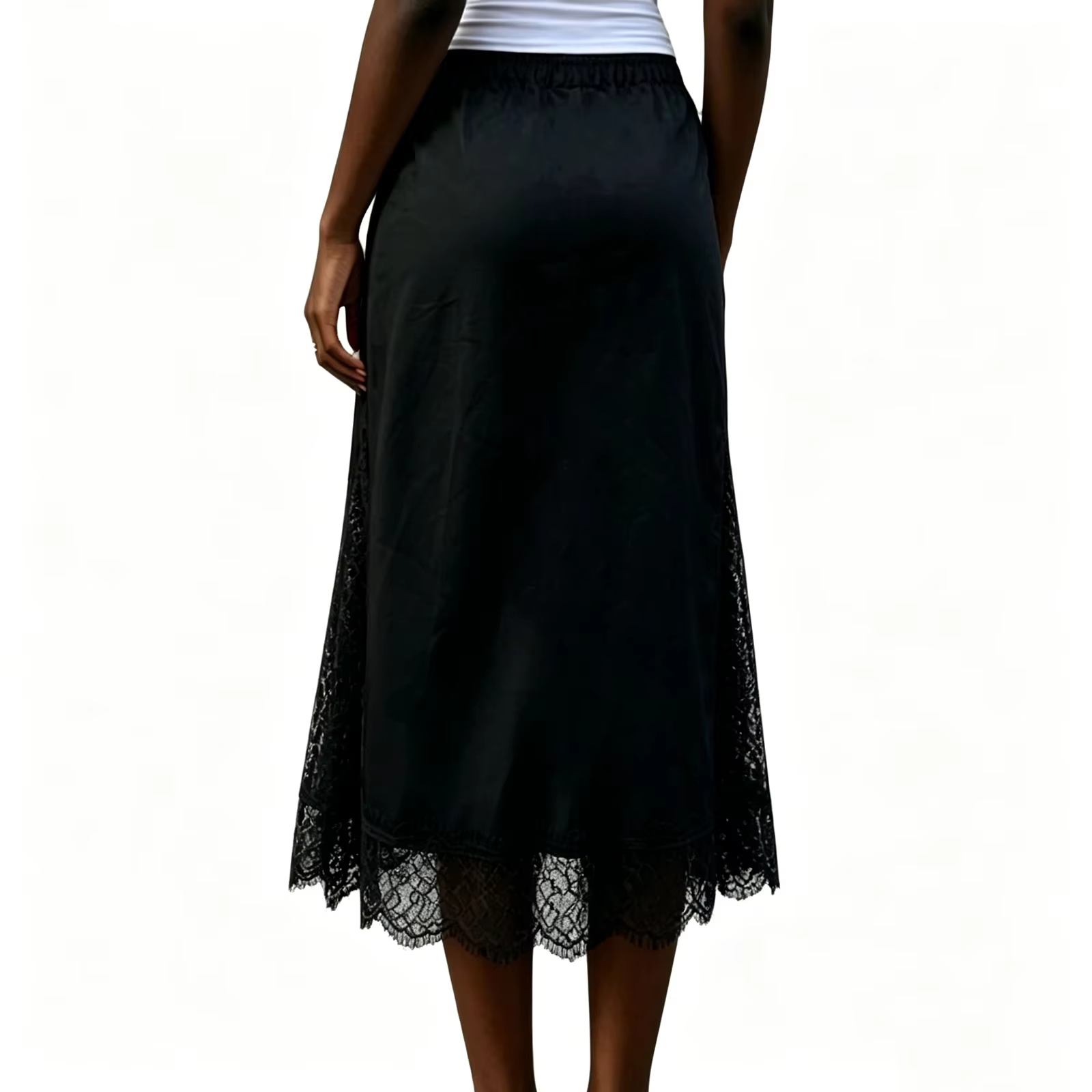 Jupe midi en satin pour femme, élégante, couleur unie, avec bordure en dentelle, coupe ample, longueur genou, pour les fêtes, le travail et le quotidien