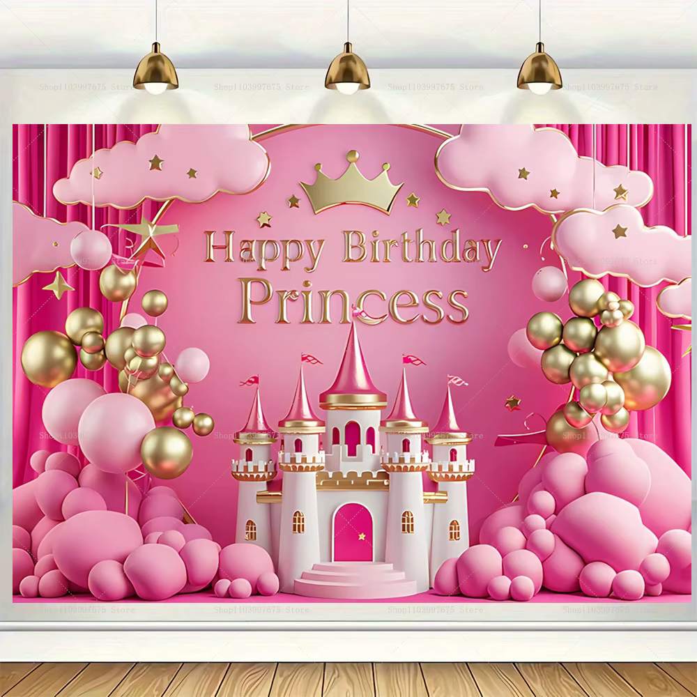 Arrière-plan de château de princesse rose 2D, décor de fête pour mariage, anniversaire, saint-valentin, arrière-plan de photographie, accessoires de stand de bannière