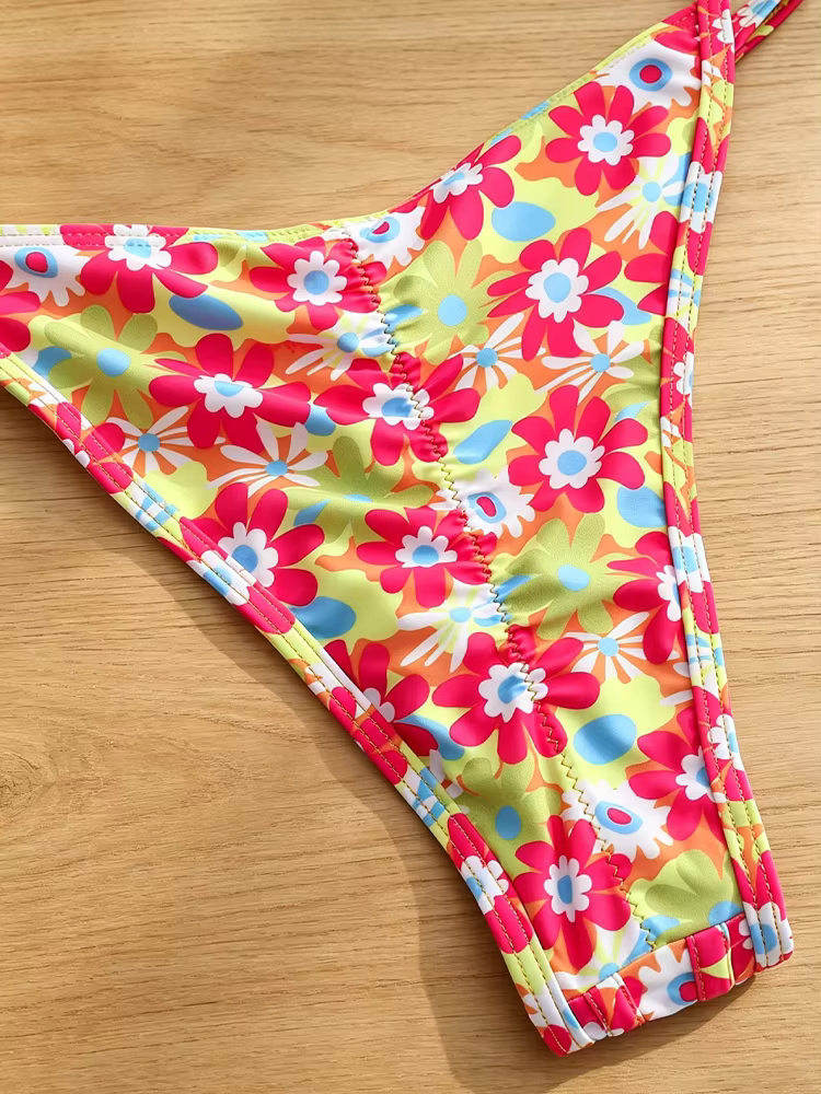 Rinabe Maillot de bain bikini à imprimé floral, dos nu, coupe haute, deux pièces, tenue de plage