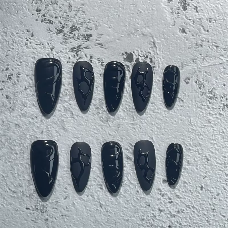 Presse faite à la main sur les ongles court noir Simple adhésif réutilisable faux ongles artificiel acrylique couverture complète manucure ongles conseils Kit