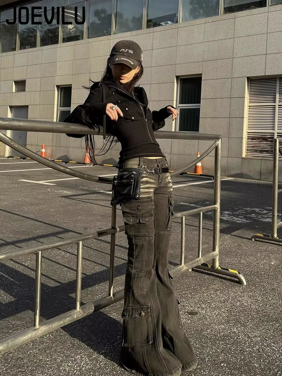 Jean Cargo taille basse pour femmes, noir délavé, années 2000, Y2K, rétro, moustaches en détresse, multi-poches, Bootcut, Micro pantalon évasé, Grunge, nouveau