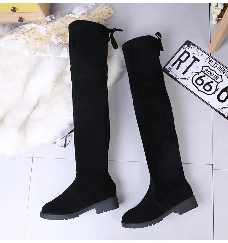 Cuissardes élastiques au genou pour femmes, faux daim, talons pour femmes, tube à lacets, bottes noires, automne, hiver, 2025