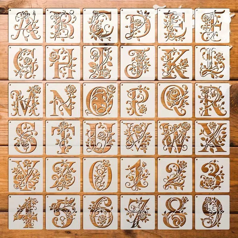 36 modèles de lettres florales réutilisables, pochoirs de peinture de lettres roses, pochoirs de graffiti ajourés, moules d'impression jet d'encre pour décoration murale