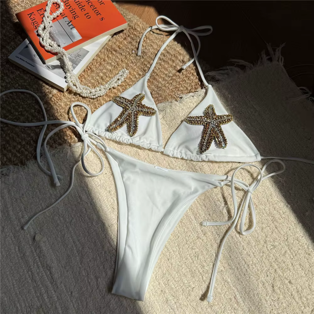 Maillot de bain blanc sexy pour femme, style micro bikini triangle à nouer, avec strass et motif étoile de mer, ensemble de bikinis Mujer 2026 Bather
