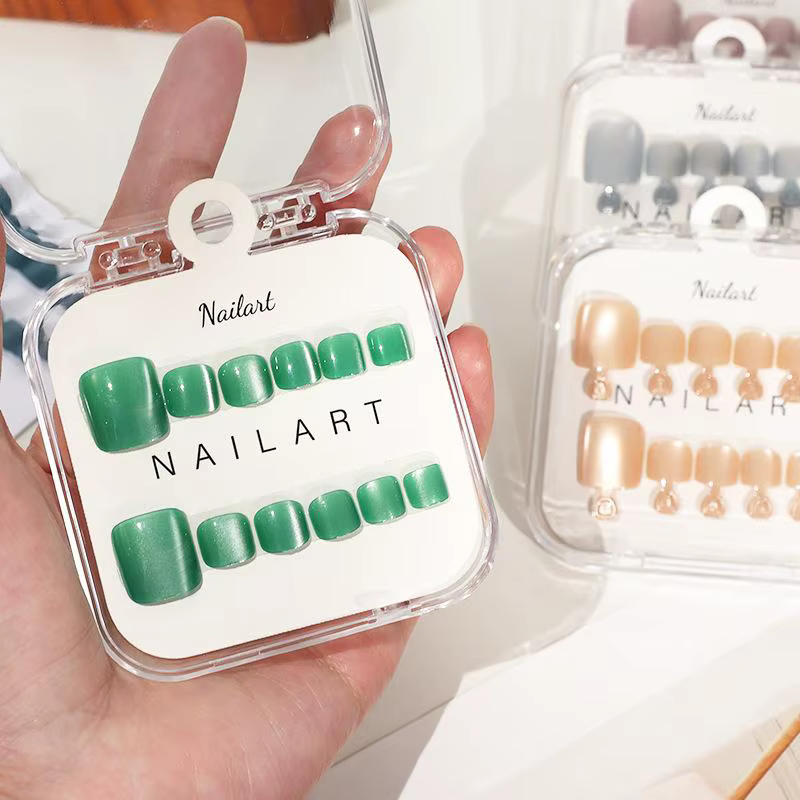Faux Ongles 10 Pièces/Boîte, French Brillant Effet Œil de Chat, Courts Carrés, à Presser, Couverture Complète, Extension d'Ongles d'Orteil, Kit Professionnel pour Salon