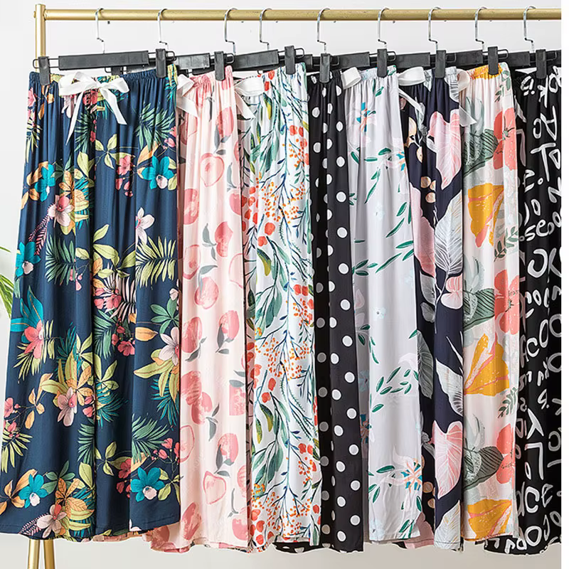 Pantalon de pyjama pour femmes, pantalon de maison, bas de sommeil fin, imprimé Floral, jambes larges, ample, grande taille, été