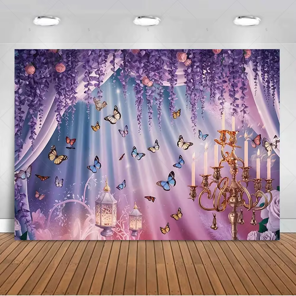 Décorations de fête de mariage, toile de fond magnifique avec des papillons violets, accessoires de photographie pour anniversaires, bannière, accessoires de prise de vue