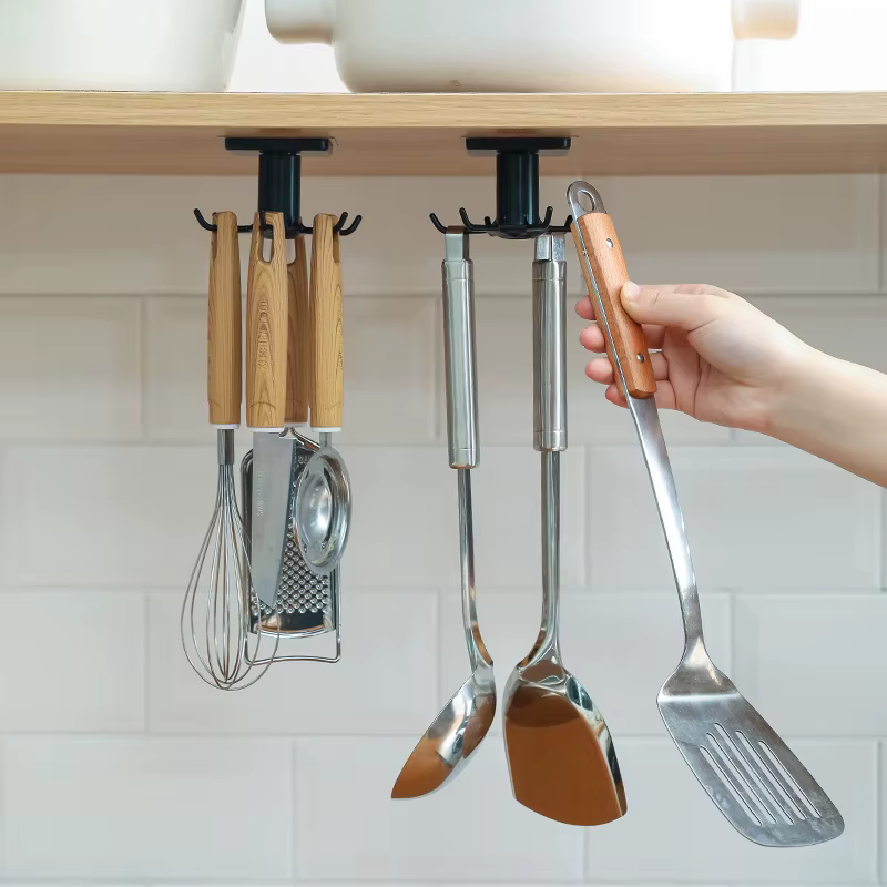 Crochets de cuisine Rotation Rack De Stockage Sans Poinçonnage Mural Ustensiles De Cuisine Fournitures Dieux Étagères Multifonctionnelles